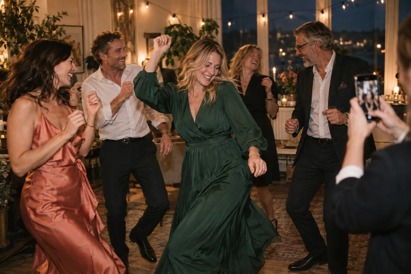 Voksne venner danser i varmt lys på festen.
