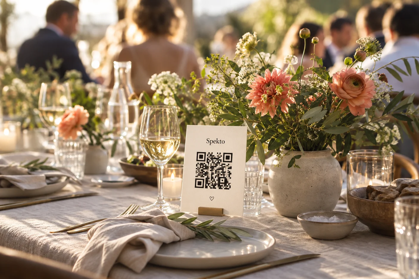 Et elegant bordkort med QR-kode i en messingholder ved blomstene på bryllupsbordet.