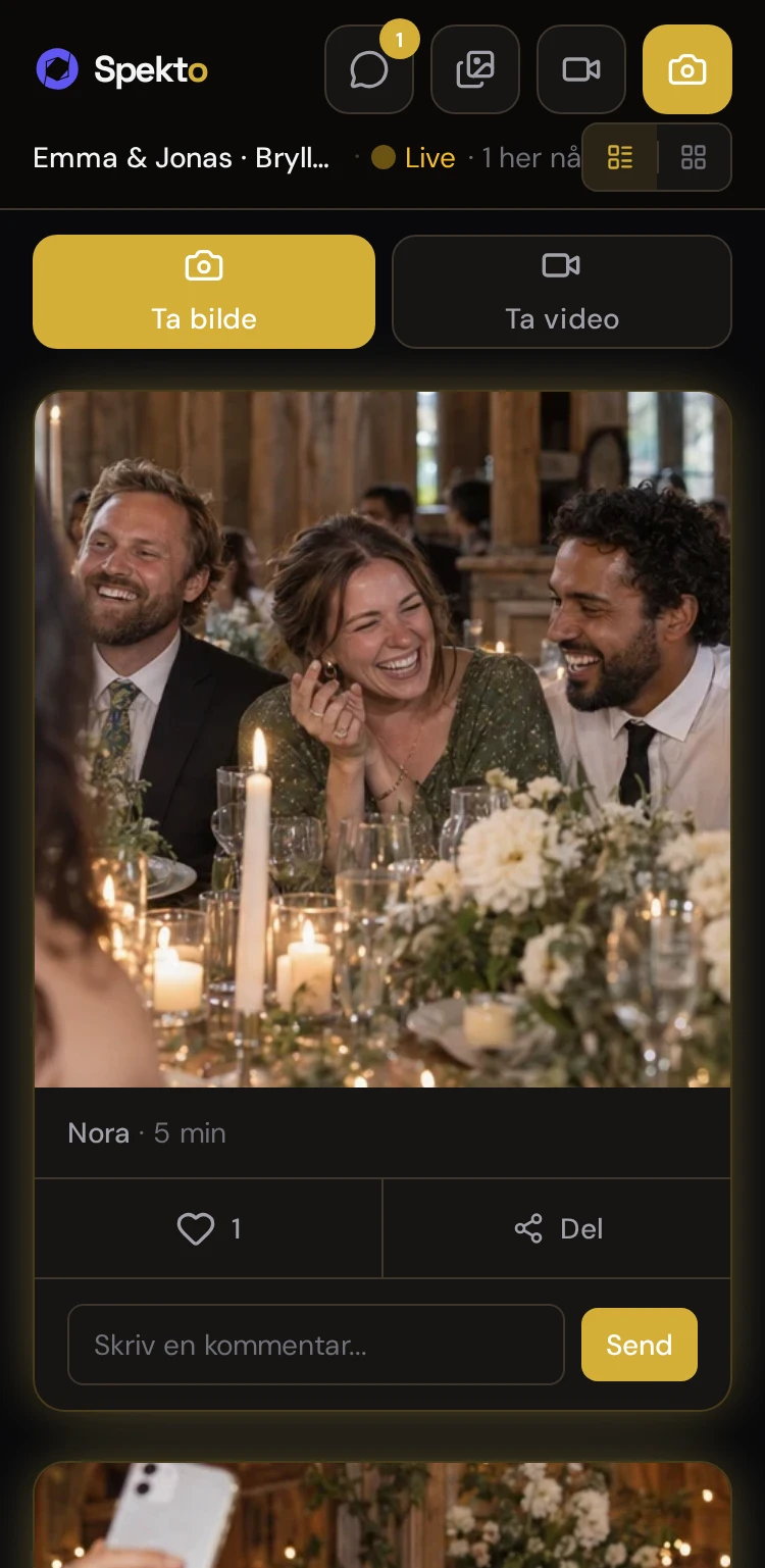 Ekte Spekto-bildestrøm: Ta bilde-knapp, gjestebilder, likes og kommentarer.